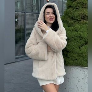 Women's Cream Hooded Faux Fur Coat